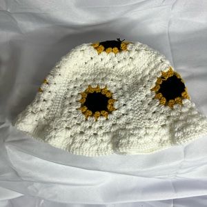 Handmade Crochet Sunflower Hat. Yellow and white and brown. One size